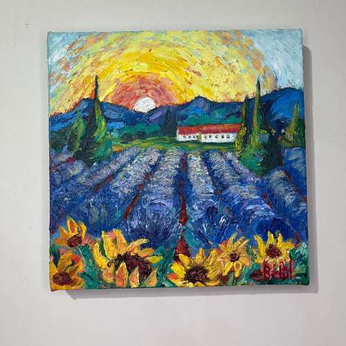 Ayçiçekleri Tarlası – Yağlı Boya Tuval Tablo (25 × 25 cm) | Hartopia